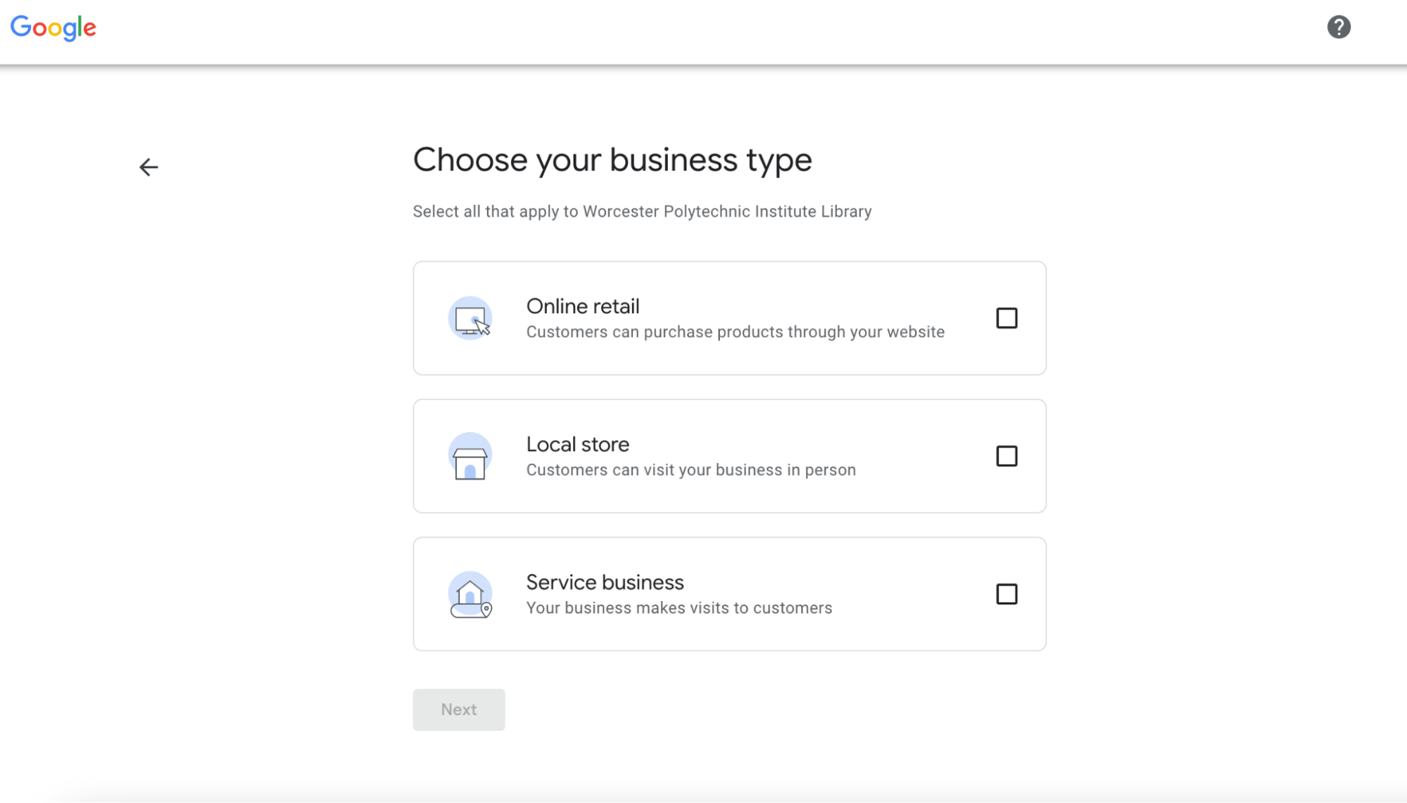 screenshot of choosing google business type