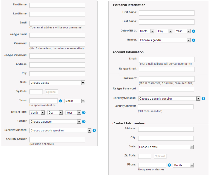 Two registration forms - the form on the left shows data fields without section organization and the form on the right shows data fields within sections