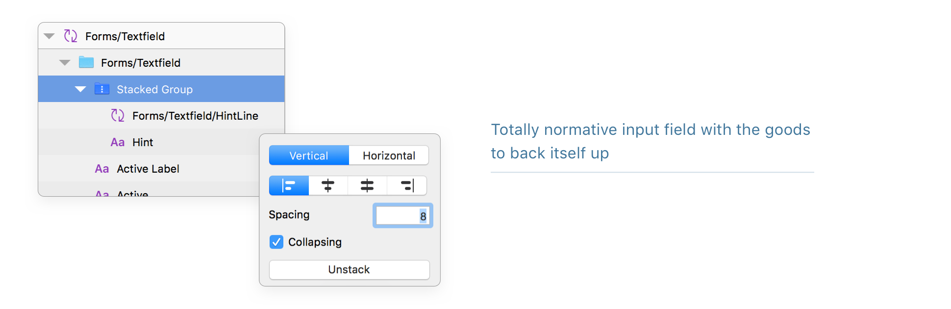 Three sections. The first displays options under "Forms/Textfield" shows "Stacked Group" options. Another section shows spacing options for the first. The third area reads "Totally normative input field with the goods to back itself up."