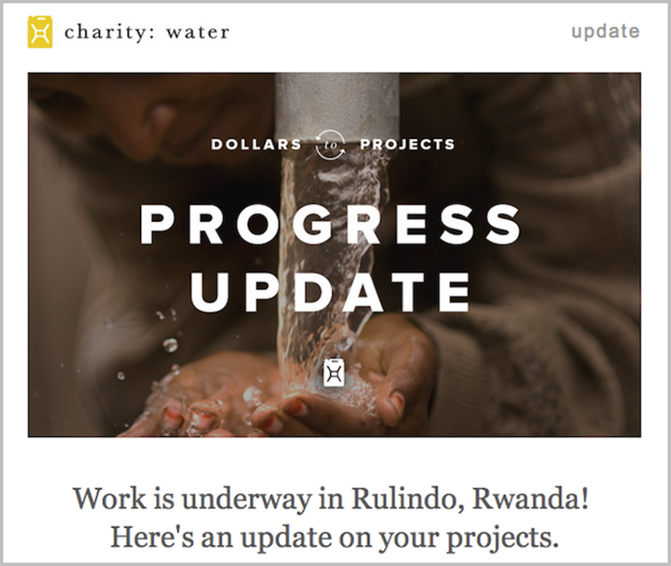 Running water over someone's hands with the words "Dollars to Projects" and "Progress Update."